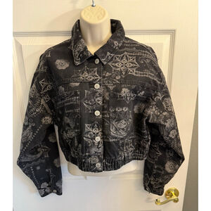 Ashley Vintage Charm Cropped Denim Jacket Womens Large Black Chest Pockets Boho